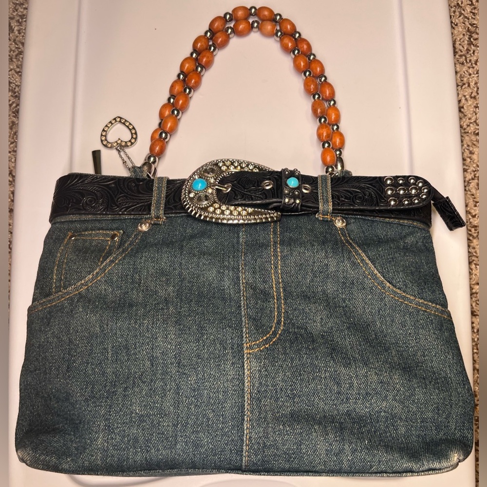 Vintage Y2K Denim Blue Jean Beaded Handle Purse Silver Belt Buckle Handbag